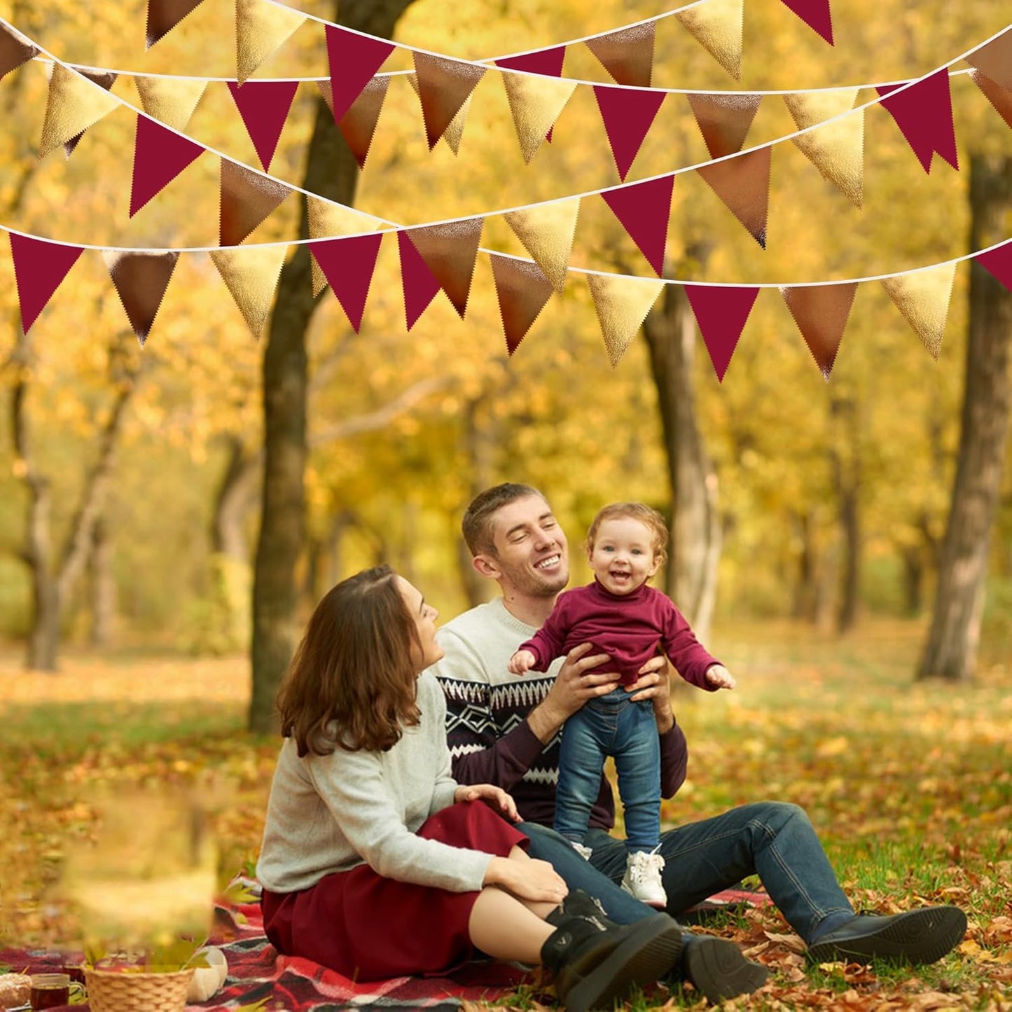 Fall Party Decorations Maroon Gold Brown Metallic Fabric Triangle Pennant Banner Burgundy Flag Bunting Garland for Autumn Thanksgiving Wedding Birthday Bridal Shower Engagement Graduation Garnet Party