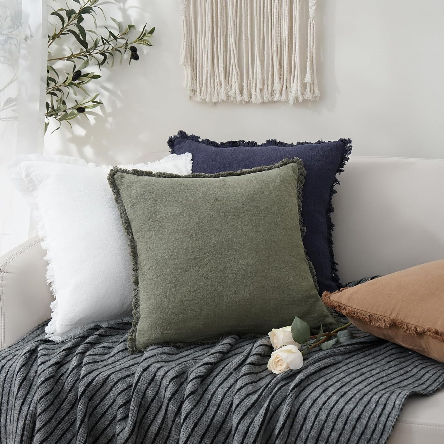 Foindtower Set of 2 Decorative Linen Fringe Throw Pillow Covers Boho Farmhouse Cushion Cover with Tassels Accent Pillowcase for Couch Bed Sofa Living Room Home Bedroom Decor, 12×24 Inch, Olive Green