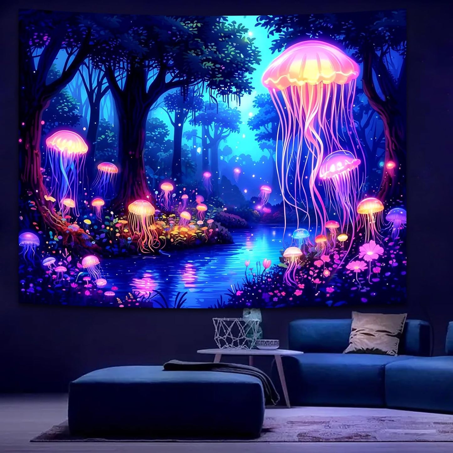 Manicer Blacklight Jellyfish Forest Tapestry – UV Reactive Fantasy Underwater Jellyfish in Enchanted Forest, Glow in the Dark Neon Nature Art Wall Hanging for Bedroom, Living Room – 51.2" x 59.1"