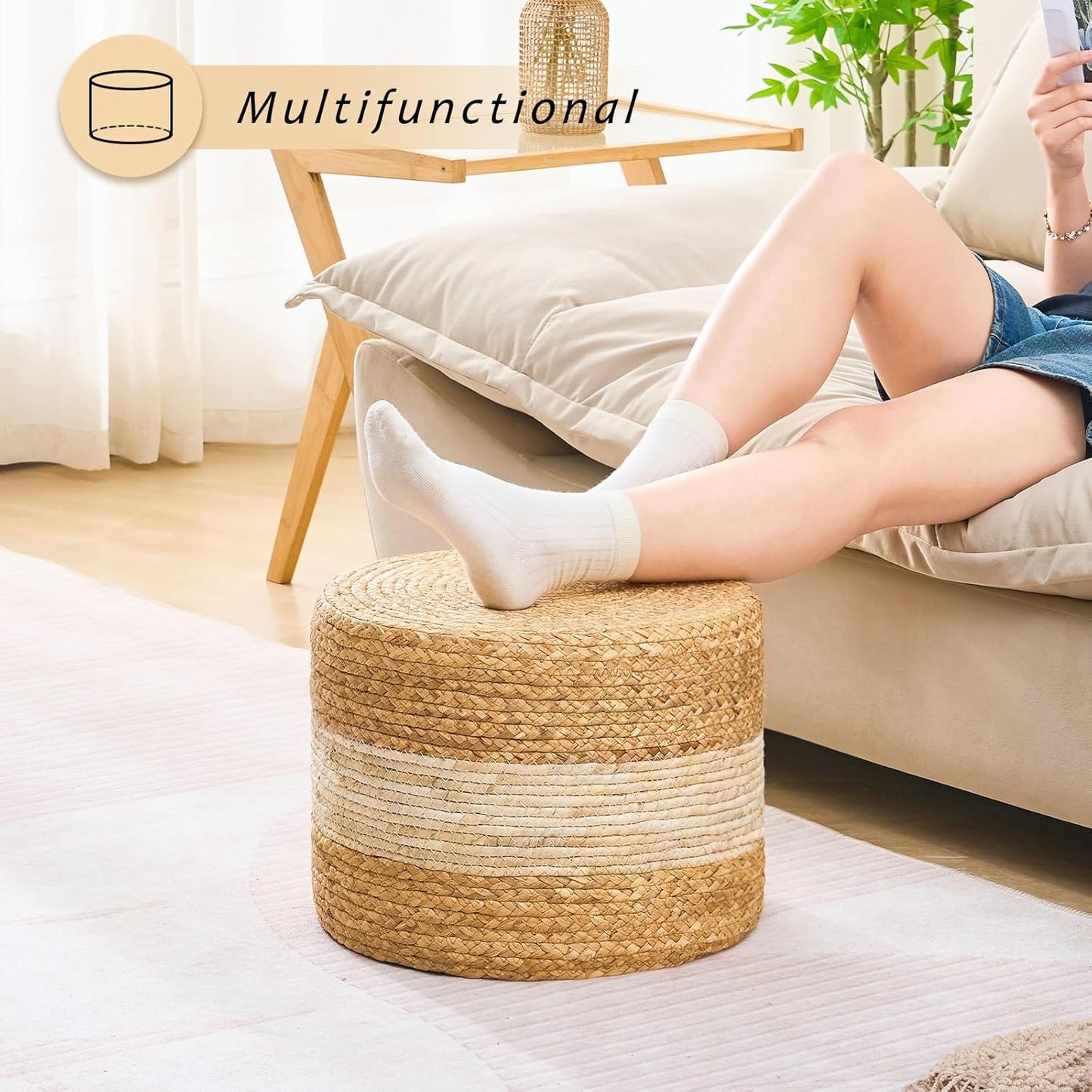 Handwoven Water Hyacinth Ottoman Pouf, Round Outdoor Footstool with Sturdy Frame, No Assembly Needed, Boho Accent Stool for Indoor & Outdoor Use – Patio, Balcony, Living Room (White)