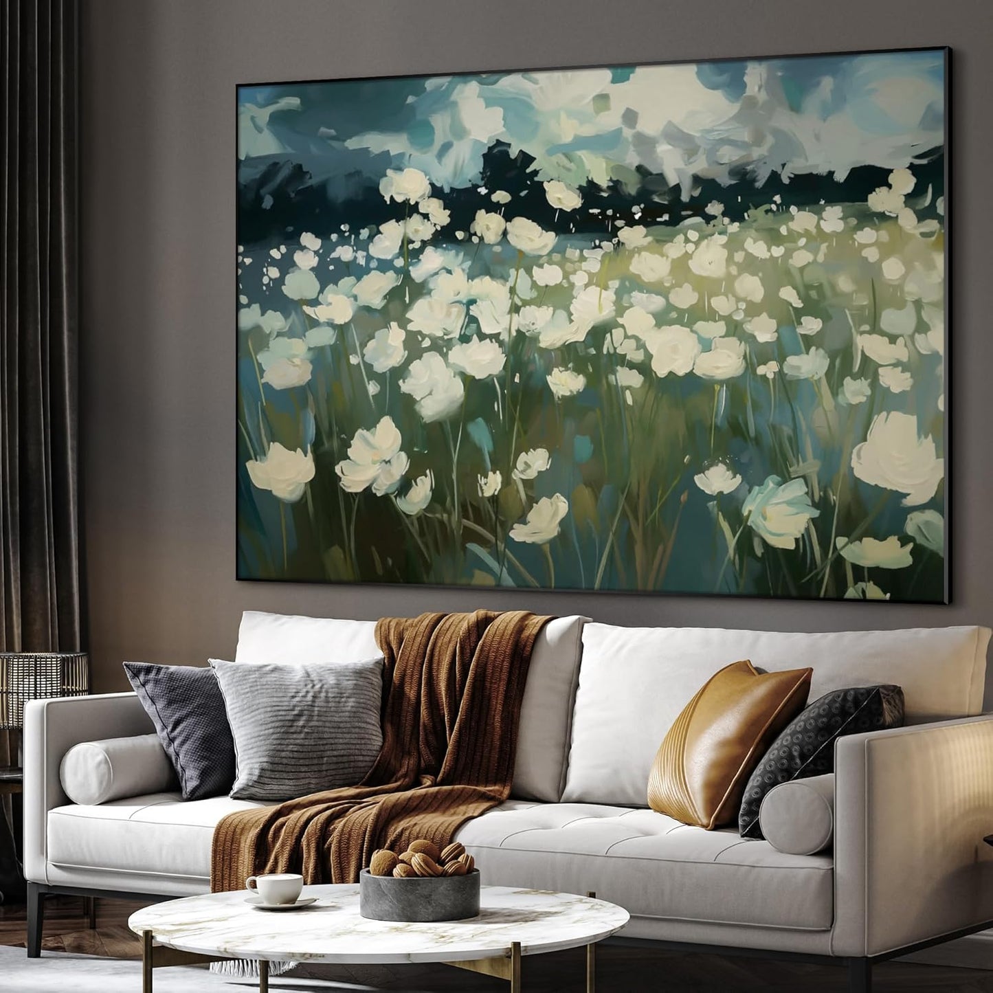 SIGNWIN 36"x46" Extra Large Framed Wall Art White Wildflower Field in Impressionist Style, Soft Floral Landscape for Home Living Room Bedroom Decor (Frame Assembly Required)