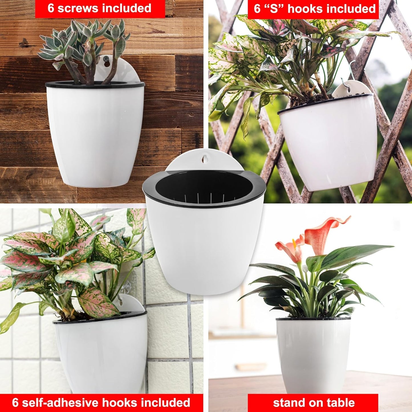 ORIMERC 6 Pack White Self Watering Wall Hanging Planter Pots Vertical Garden Window Mount Indoor Outdoor Plant Flower Basket Kitchen Herbs Balcony Railing Shelf Fence Bedroom Trellis Decor(Medium)