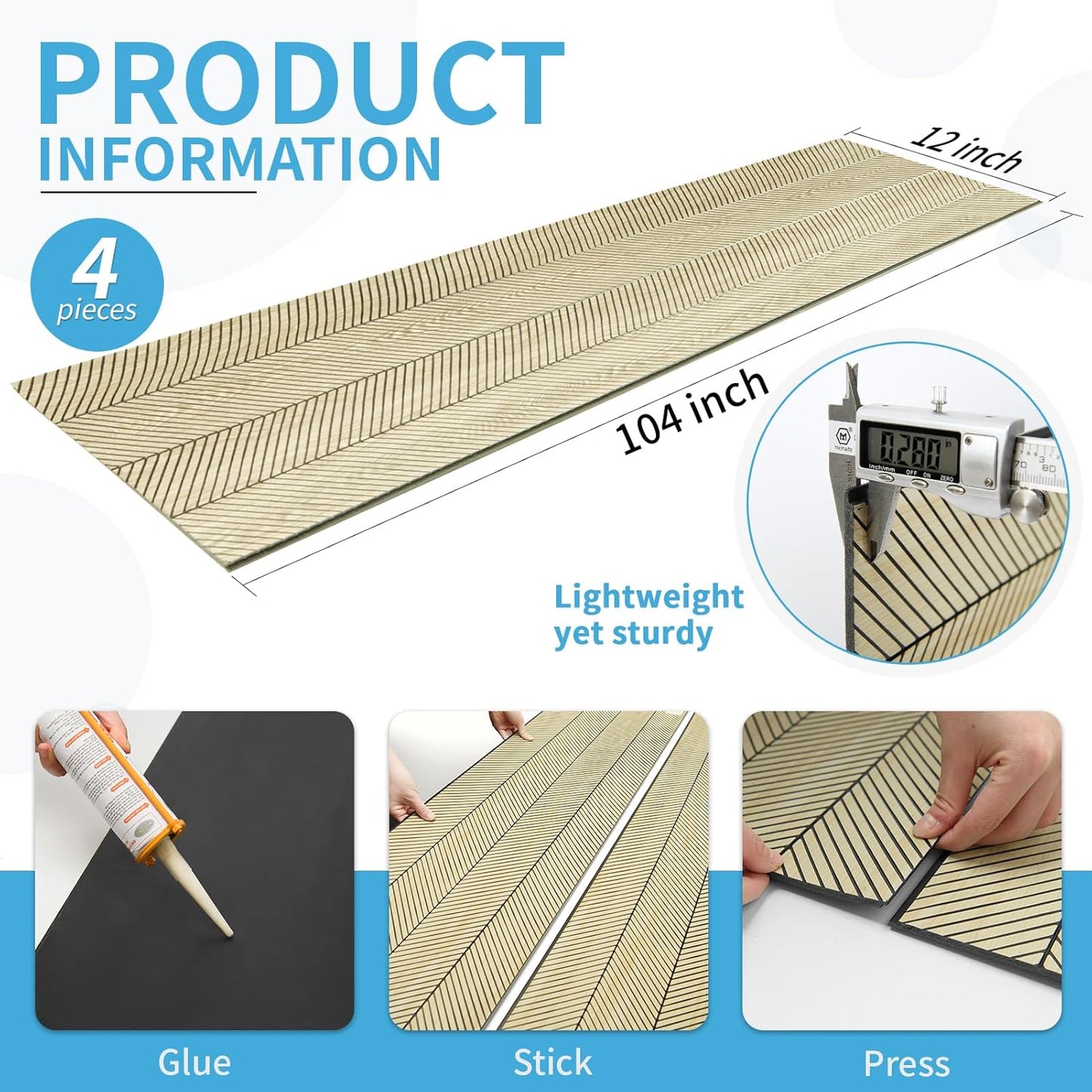 Art3d 4-Pack Glue-On Herringbone Wainscoting Panel for Interior Wall Decor - 104 x 12 Inch Polystyrene Ultralight Slim Slat Wall Panels for Living Room Bedroom, Oak