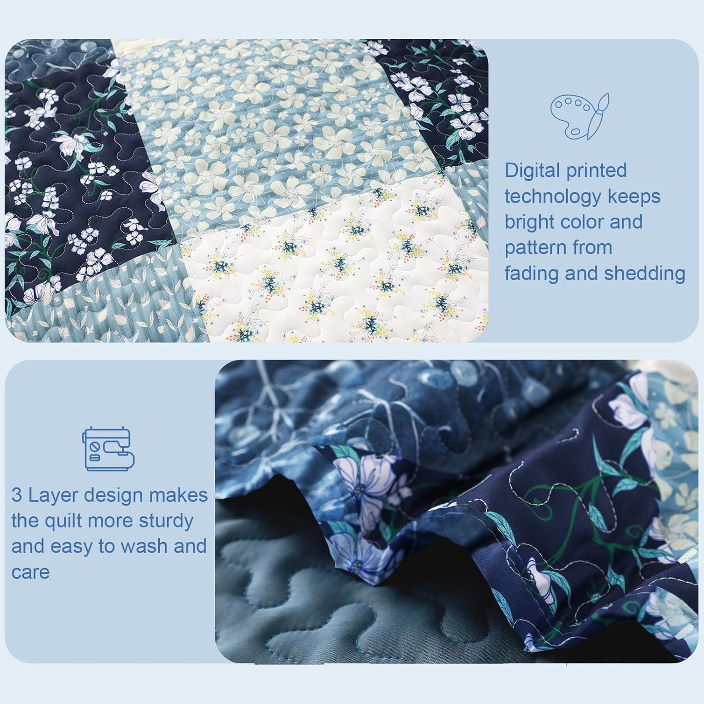 Exclusivo Mezcla Reversible Boho Quilt Set Queen Size, 3 Pieces Patchwork Blue All Season Bedspreads, Ultra Soft Floral Coverlet Bedding Set with Printed Pattern (1 Quilt, 2 Pillow Shams)