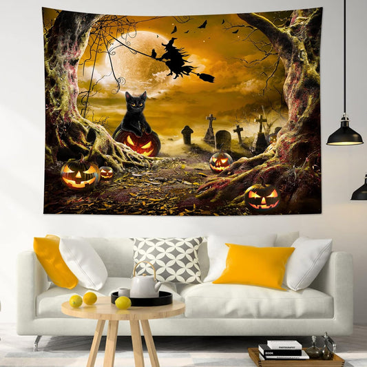 LB Halloween Wall Tapestry Horror Witch Cat and Dead Tree Pumpkin Lights with Spooky Graveyard Tapestry Orange Full Moon over Misty Forest Wall Decor for Bedroom Living Room Dorm 60x40 Inches