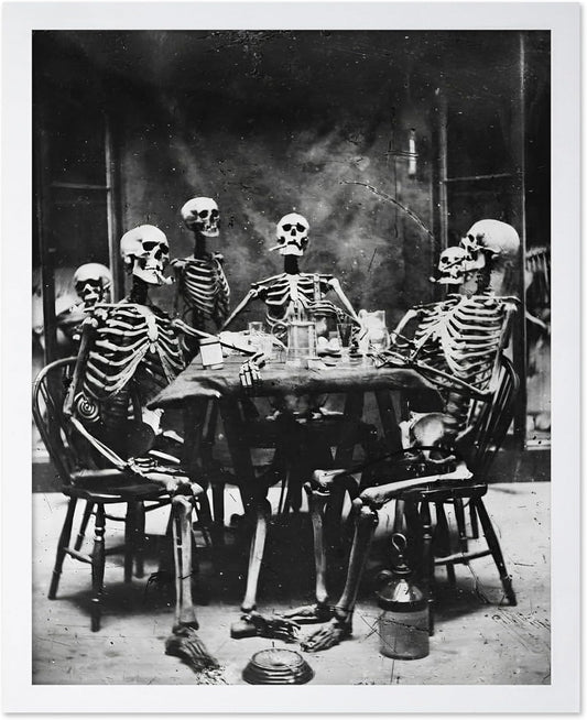 Poster Master Vintage Photograph Poster - Retro Daguerreotype Print - Gift for Artist, Friend - Skeletons Smoking at Table, Dinner Party, Goth - Wall Decor for Home, Dorm, 16x20 White Framed