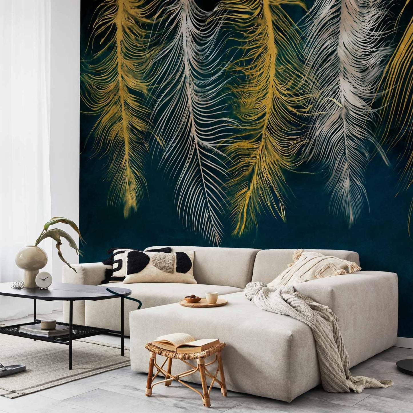 artgeist Wall Mural Feather 98x69 in - XXL Non-Woven Wallpaper Fleece Wall Decor Photo Print Picture Image Design Landscape Abstract Beige Navy Blue b-A-0812-a-a