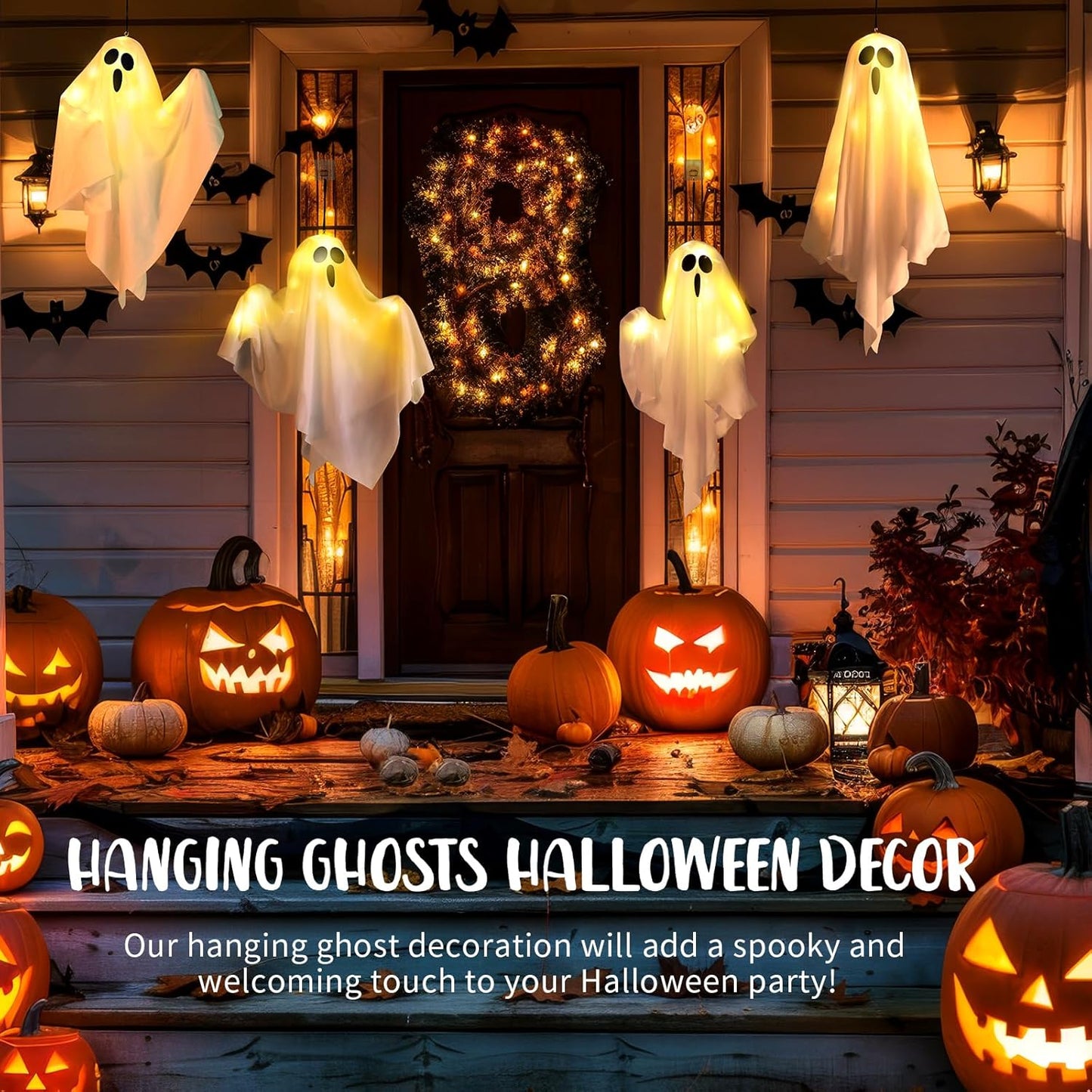 4Packs Hanging Ghosts Halloween Decor, LED Light Up Halloween Ghost Decorations, Spooky Cute Ghost Ornaments for Home Tree Garden Front Porch Yard Fall Party Holiday Decoration Outdoor 19.6", White