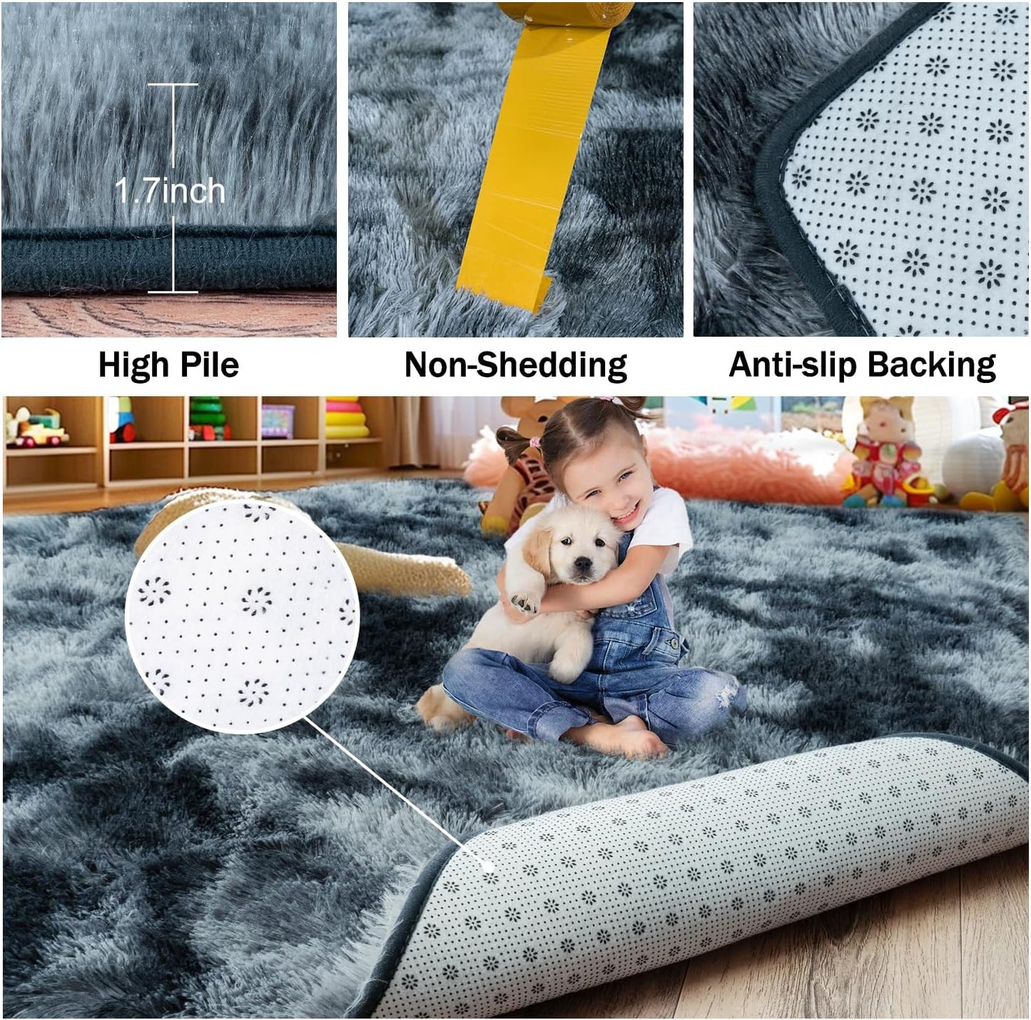 Rezutan Rugs for Living Room, Area Rug 6x9 Fluffy Rug Carpet, Soft Shaggy Modern Floor for Kids Boys Girls Bedroom, Plush Fuzzy Dorm Rug,Blue Gray