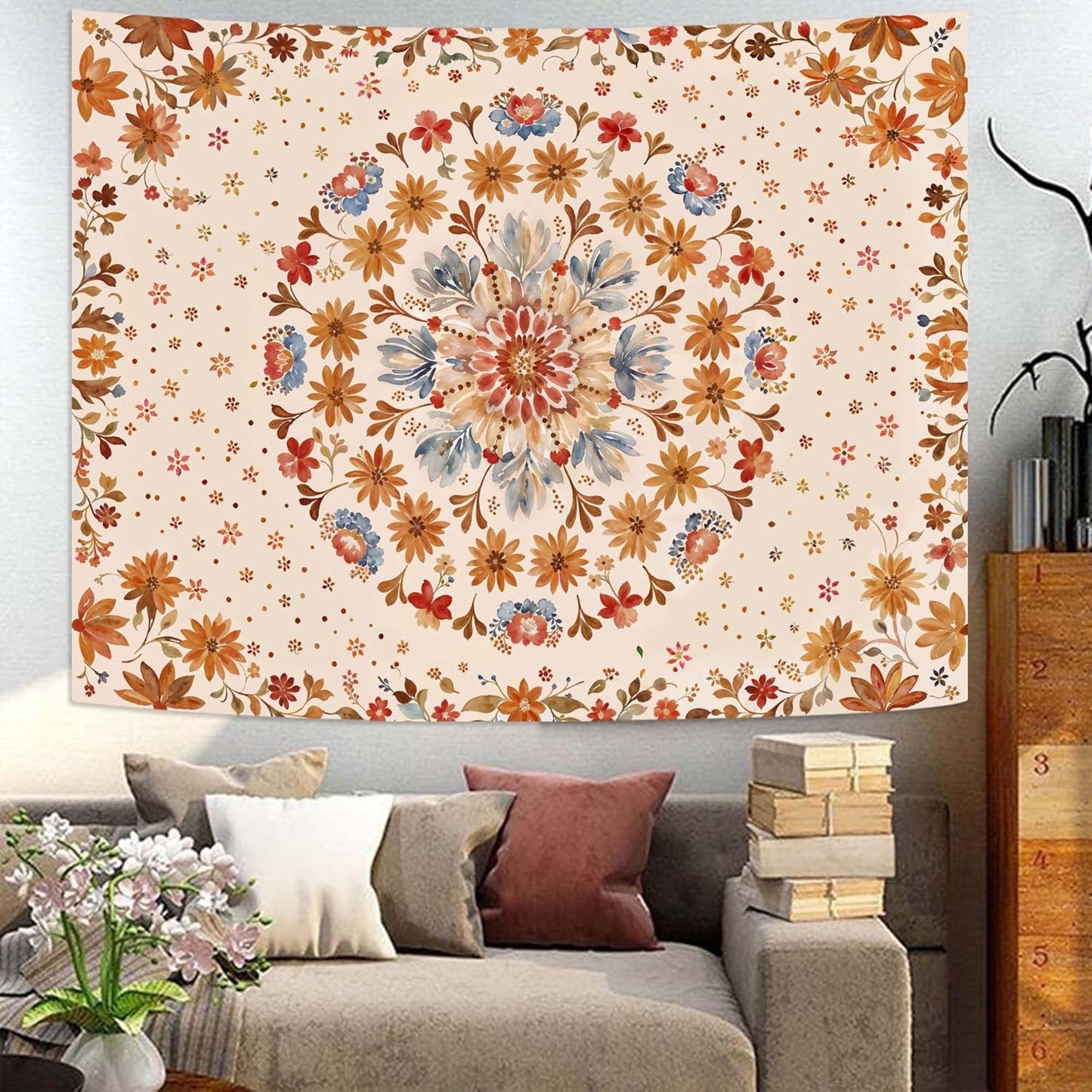 Fowocu Boho Floral Mandala Tapestry Wall Hanging Watercolor Bohemian Flower Medallion Tapestry Aesthetic Beige Orange Hippie Indian Small Tapestries for Bedroom Living Room Dorm Decor 40 x 30 Inch