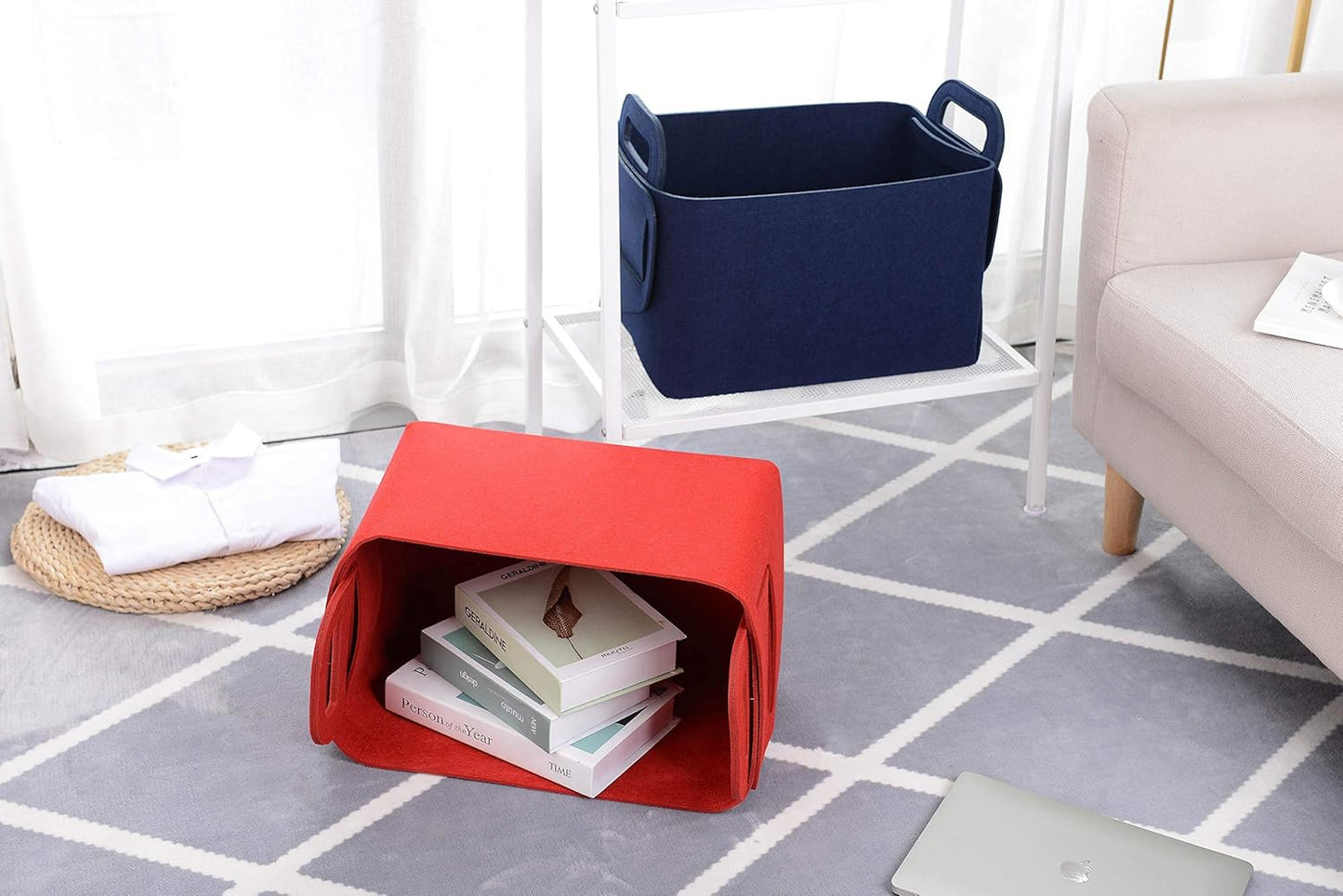 Minoisome Storage Basket Felt Storage Bin Collapsible& Convenient Box Organizer with Carry Handles for Office Bedroom Closet Babies Nursery Toys Laundry (Red, 17.9inch（L）×12.2inch（W）×11.6inch（H）)