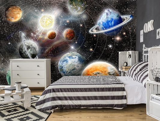 Galaxy Starry Sky Space Wall Mural Saturn Mars Venus Planet Wallpaper for Kids Room Bedroom Living Room(Not Peel and Stick)