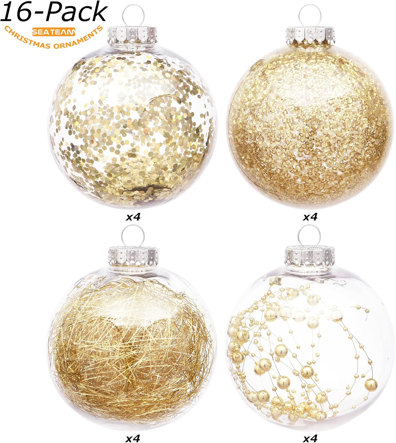 Sea Team Shatterproof Clear Plastic Christmas Ball Ornaments Decorative Xmas Balls Baubles Set with Stuffed Delicate Decorations (100mm/3.94 inch 16-Pack, Gold)