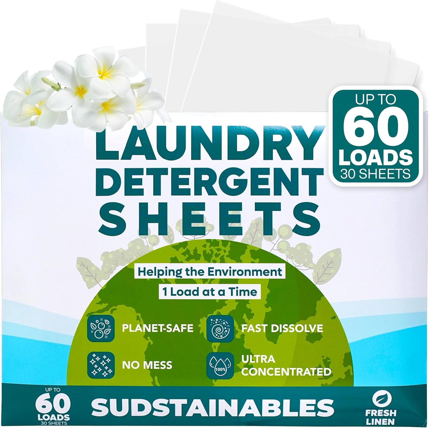 Sudstainables Laundry Detergent Sheets (60 Loads) – Eco-Friendly, Zero Waste, Plastic-Free Laundry Washing Machines Soap Sheets; Dissolvable, Space-Saving Strips for Travel (Fresh Linen)