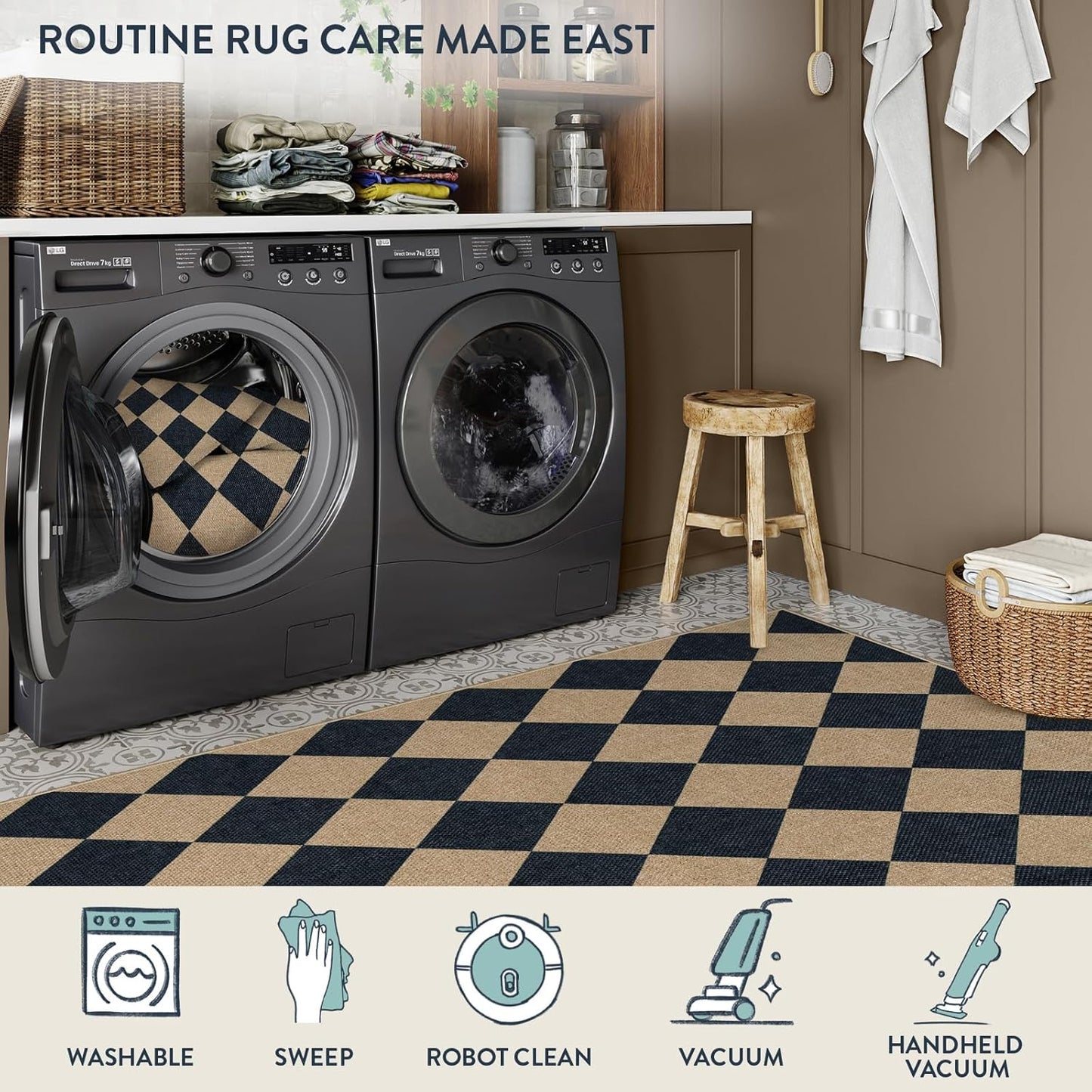 Lahome Checkered Easy Jute 3x5 Outdoor Patio Rug, Washable Rugs for Entryway Diamond Indoor Outdoor Living Room Carpet, Farmhouse Neutral Non Slip Black Door Carpet for Backyard Bedroom