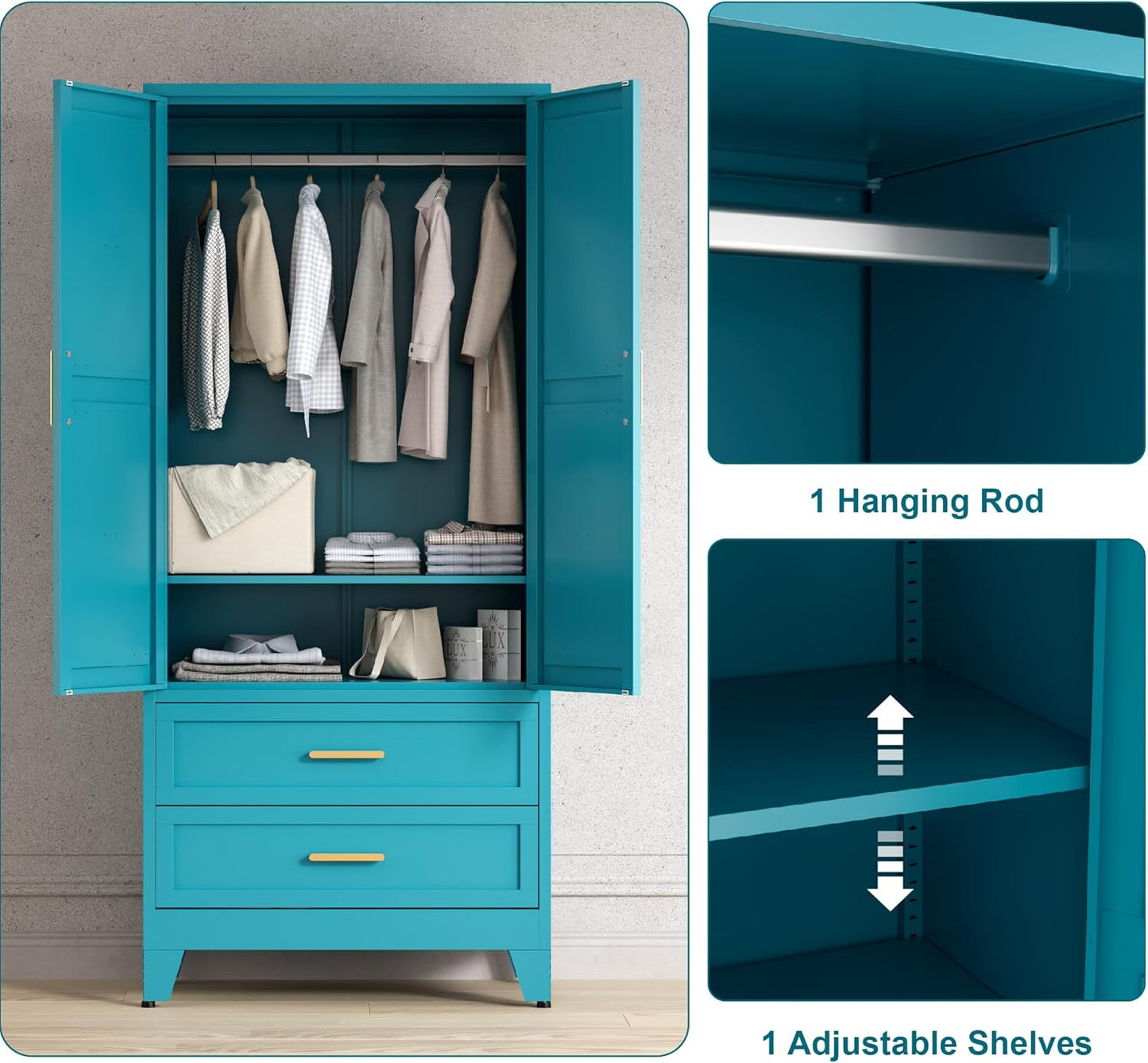 71'' Farmhouse Metal Wardrobe Cabinet with Hanging Rod, 2 Barn Door Wardrobe Closet with Adjustable Shelves,2 Drawer,for Dining Room,Bedroom,Living Room, Cloak Room,Office (Peacock Blue)