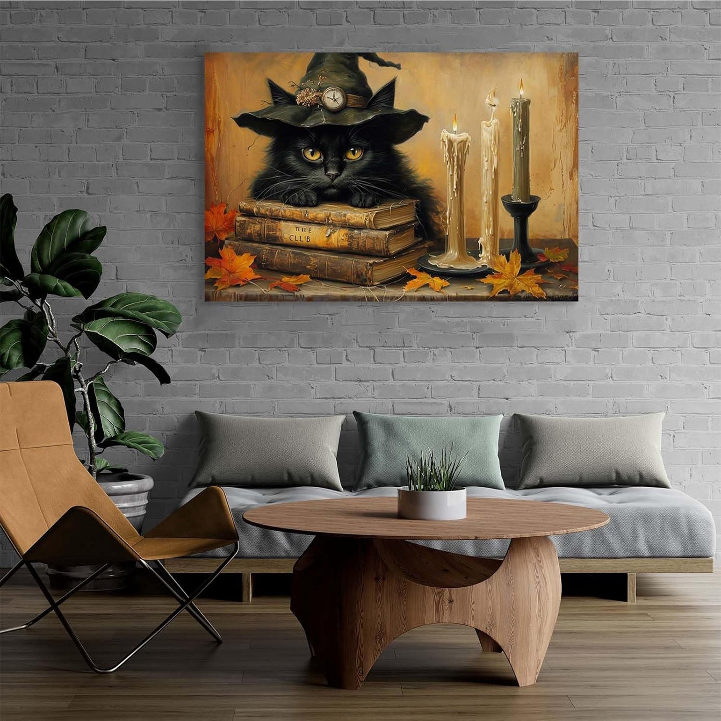 Vintage Halloween wall decoration black cat and magic book suitable for home bedroom living room decoration dark classic art witch wall decoration28x40in Wood Framed