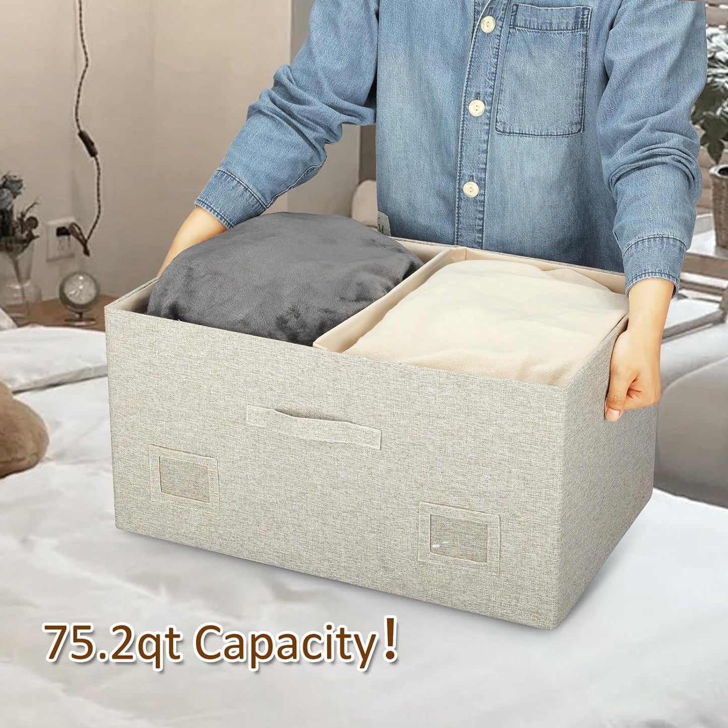 75 Quart Extra Large Decorative Collapsible Storage Bins with Lids, 1 Pack Beige Stackable Boxes