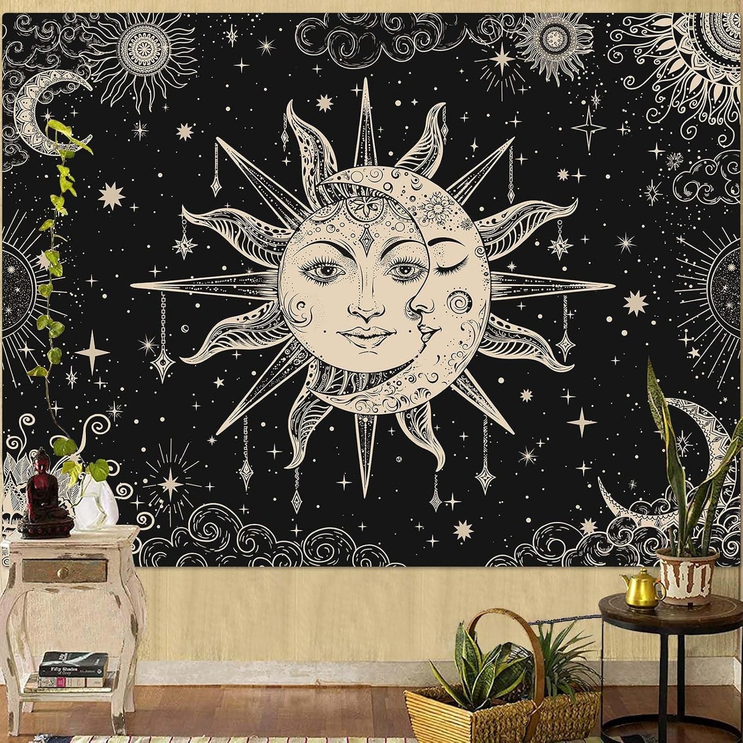 Lunerfex Sun and Moon Tapestry Mandala Wall Tapestry, Vintage Tapestries for Bedroom Ceiling Tapestries Wall Hanging for Bedroom Living Room Decor Sun-2 60"x80"