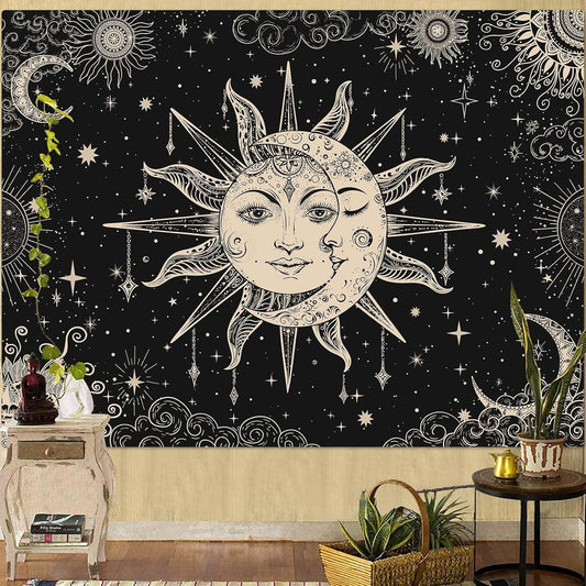 Lunerfex Sun and Moon Tapestry Mandala Wall Tapestry, Vintage Tapestries for Bedroom Ceiling Tapestries Wall Hanging for Bedroom Living Room Decor Sun-2 60"x80"