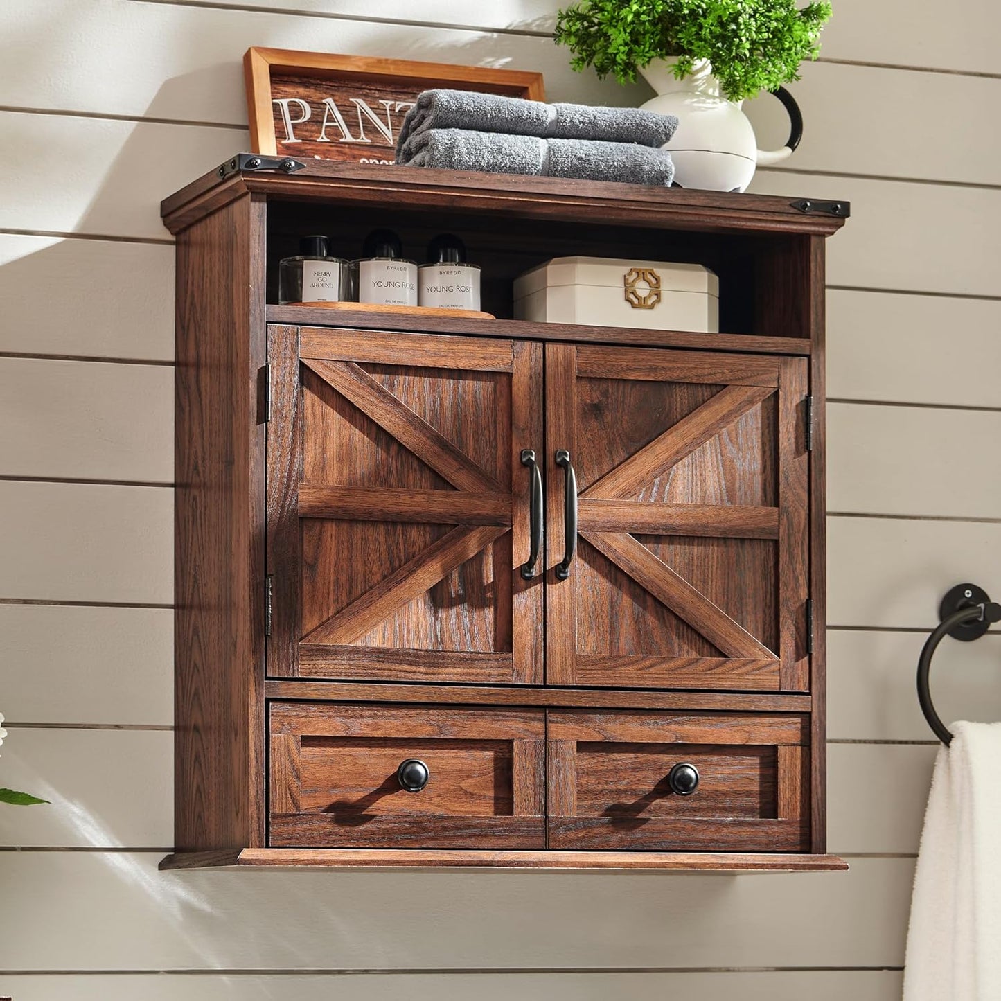 Bathroom Wall Cabinet, Farmhouse Medicine Cabinet, 24" Wide Cabinet with Drawer, Adjustable Shelf, Double Barn Doors, Storage Cabinet for Bathroom, Kitchen, Living Room, Brown