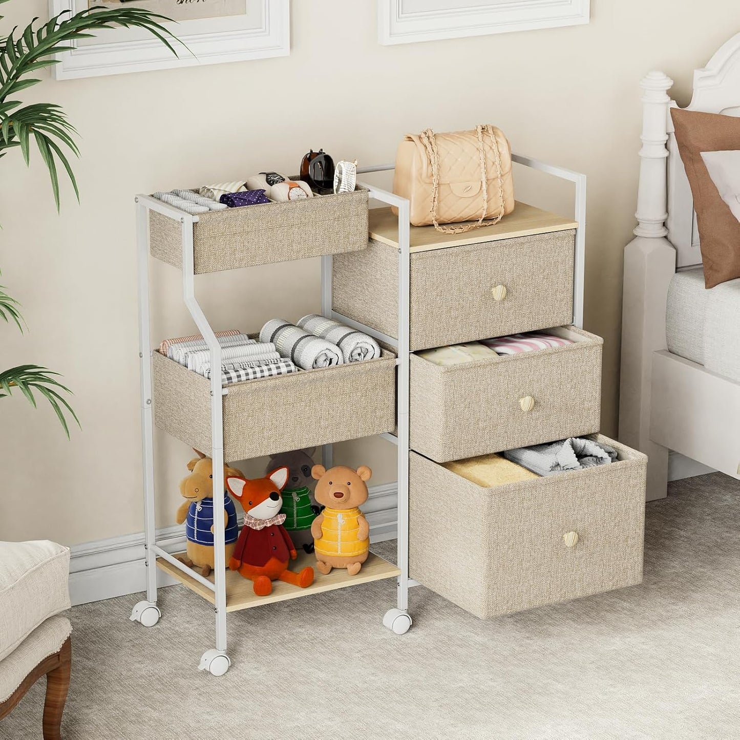 Baby Organizer and Storage - 3 Tier Rolling Cart with Dividers and Drawers, Easy To Assemble, Mobile Utility Cart with Wheels for Nursery, Bedroom, Changing Table & Crib,Off White