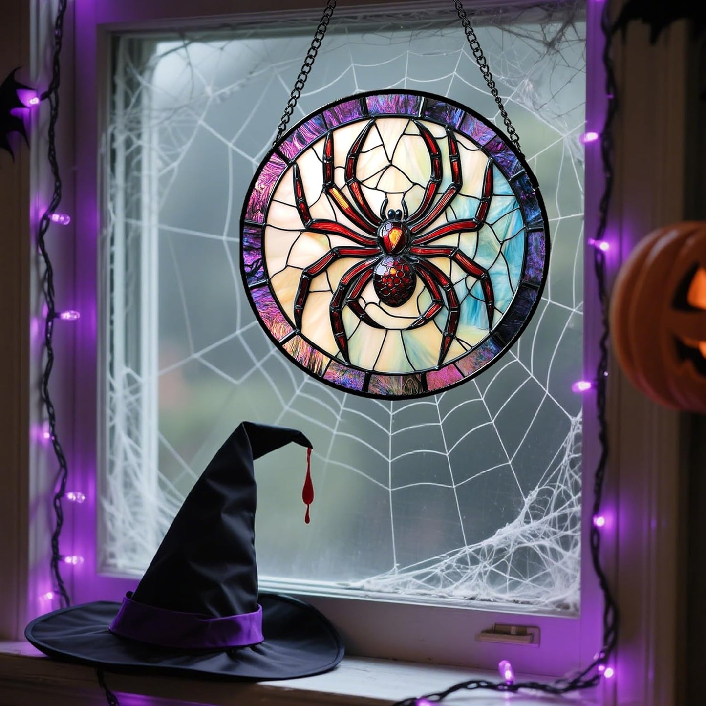 Stained Glass Window Hanging - Halloween Decorations Red Spider Goth Suncatcher for Doors Garden Indoor Funny Spooky Sun Catchers Gothic Decor Horror Gifts for Women Men Friend 11.8 in