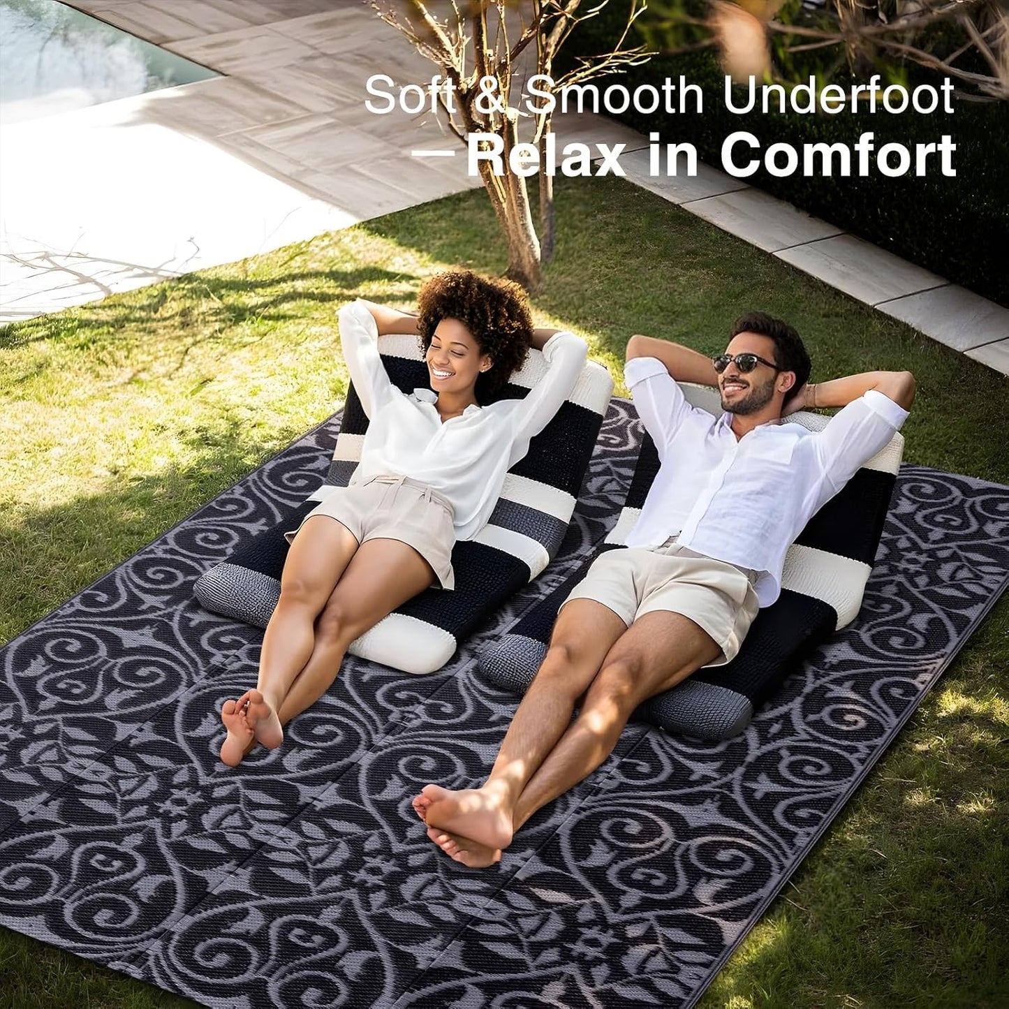 OLANLY Outdoor Rug Waterproof 5x8 ft Clearance, Reversible Outdoor Plastic Straw Rug with Floral Pattern, RV Mat for Patio, Camping, Balcony, Deck, Backyard, Black & Grey