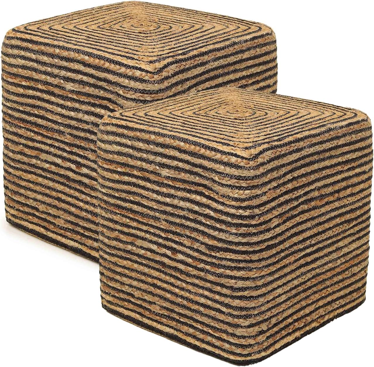 REDEARTH · Cube Pouf Foot Stool Ottoman - Jute Braided Pouffe Poof Accent Sitting Footrest for The Living Room, Bedroom, Nursery, Lounge 50% Jute 50% Cotton Set of 2 (14.5”x14.5”x16”; Natural Black)