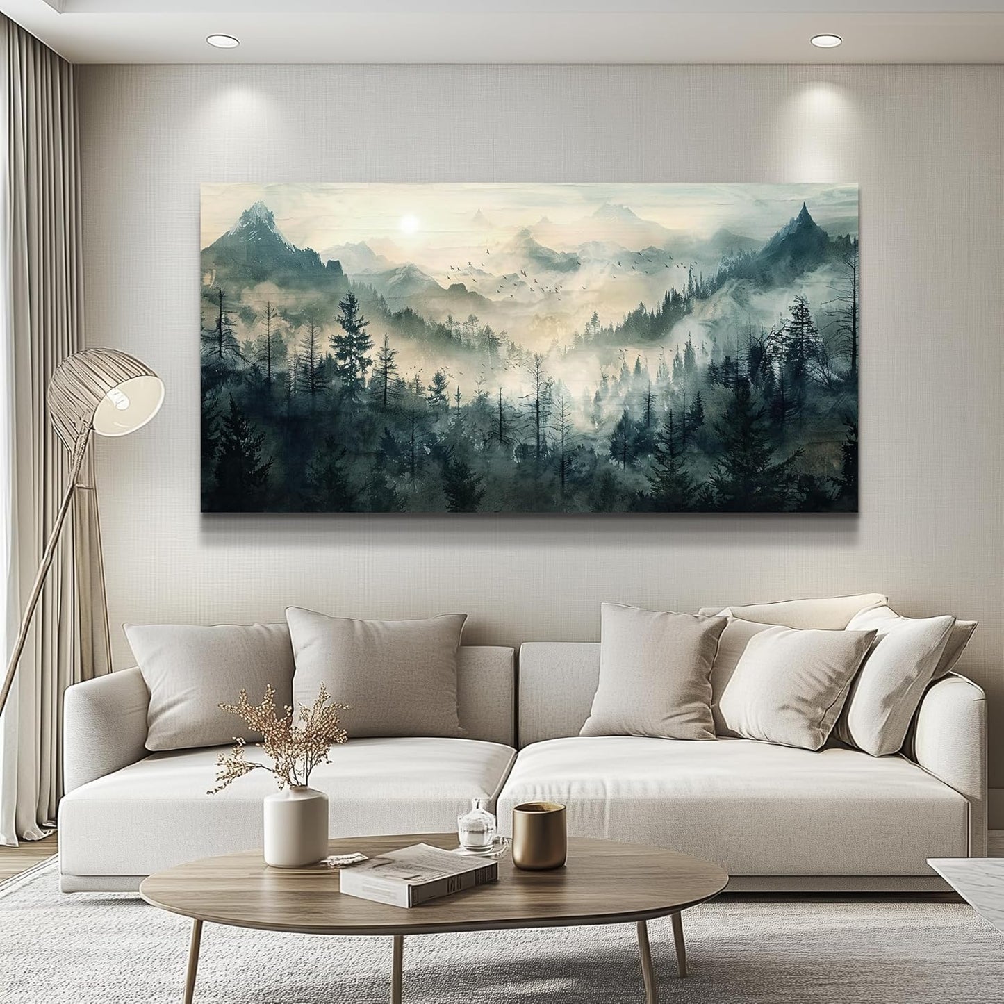 KELIYUAN Misty Forest Wall Art Home Decor Mountain View Large Canvas Wall Painting Nature Landscape Painting For Living Room Bedroom Office Modern Printed Artwork Can Be Hung Directly 24x48 Inches