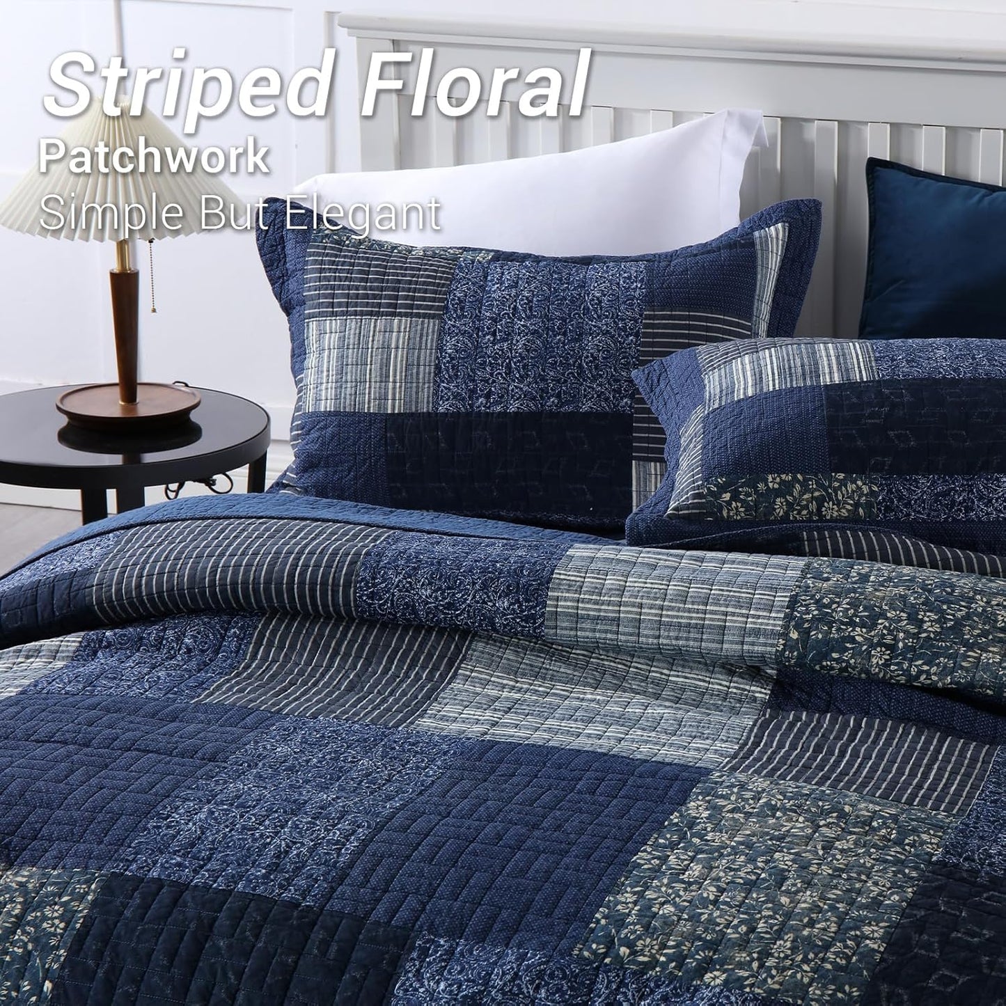 Yvooxny Quilts Queen Size Reversible Lightweight Bedspread 3-Piece Quilt Set Plaid Floral Patchwork 100% Cotton Queen Quilt Set Bedding Set with Pillow Shams for All Seasons, Azure Blue, 90x98''