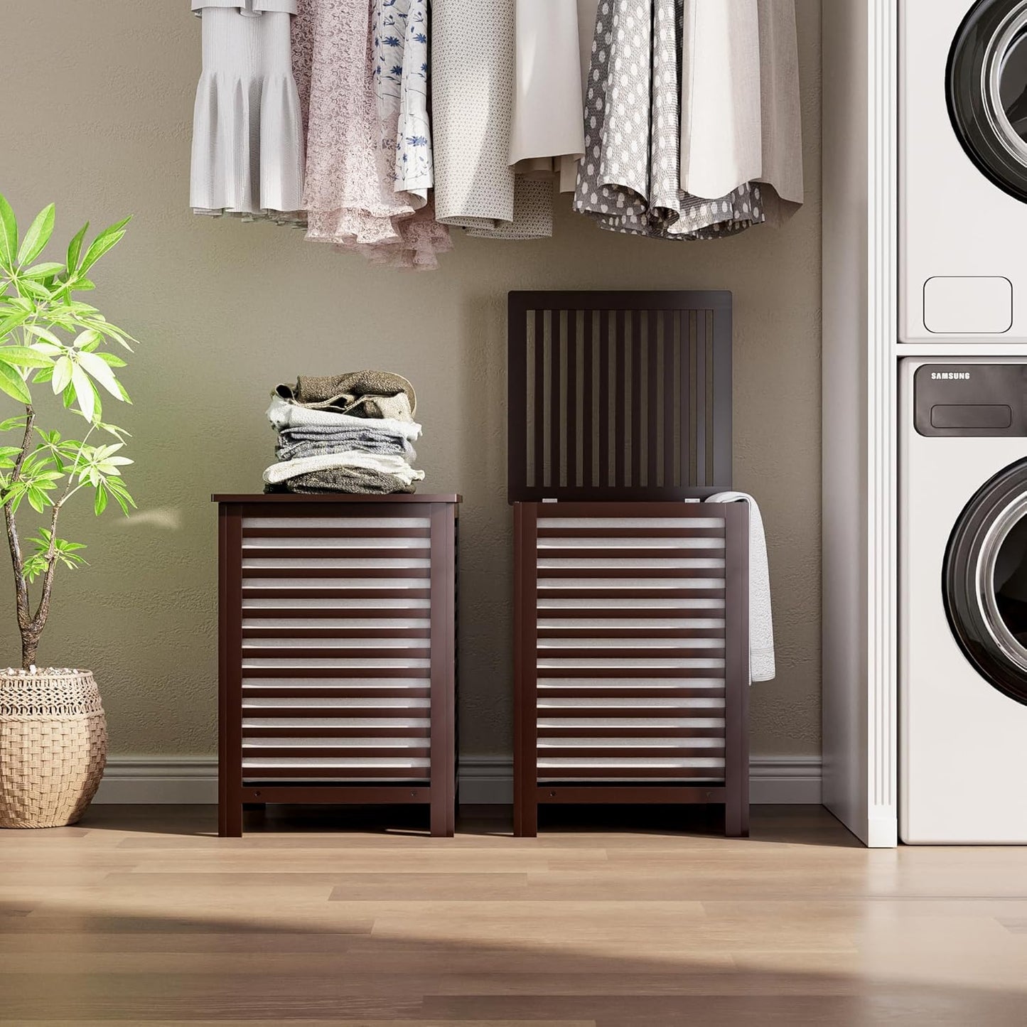 SMIBUY Double Laundry Hamper with Lid, 120L Bamboo Laundry Basket with Removable Liner Bag, 2-Section Clothes Divider Laundry Sorter for Laundry Room, Bathroom, Bedroom (Dark Brown)