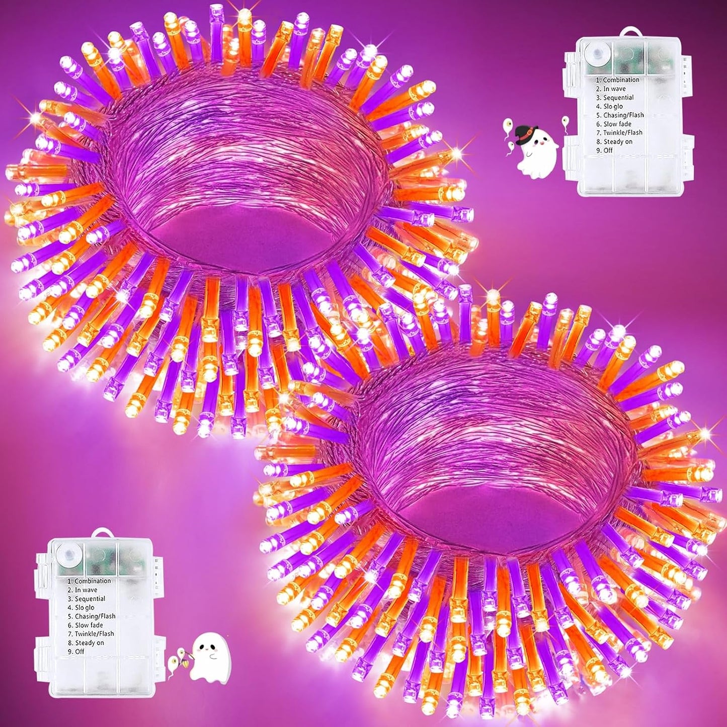 2 Pack Halloween String Lights Battery Operated with Timer, 66FT 200 LED Waterproof Orange and Purple Lights, Twinkle Fairy Light with 8 Modes for Indoor & Outdoor Party Bedroom Halloween Decorations