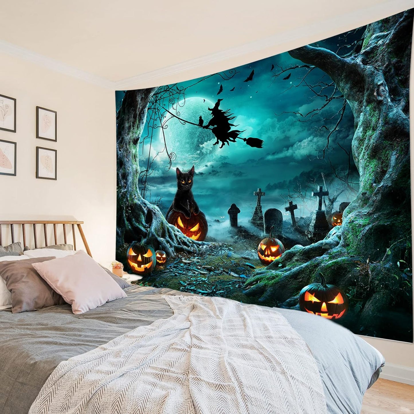 LB Halloween Tapestry Pumpkins Black Cat Dead Tree in Spooky Graveyard Full Moon Night with Witch Halloween Wall Hanging for Bedroom Living Room Dorm Decor 59x51 Inch