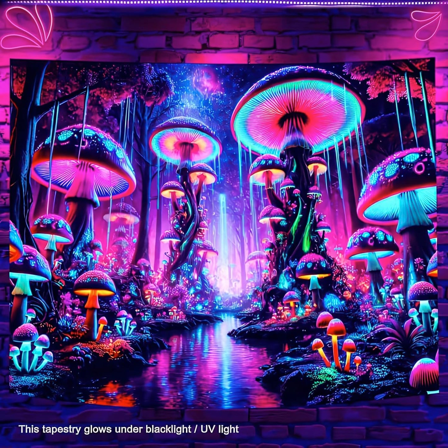BlissYard Blacklight Tapestry UV Reactive Mushroom Tapestries Fantasy Mountain Forest Landscape Tapestry Mysterious Jungle Moon Night Neon Flower Wall Hanging Glow in the Dark Backdrop 59" x 80"