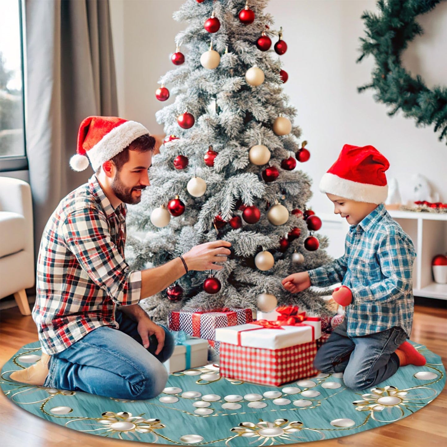 48" Large Christmas Tree Skirt, Elegant Circular Round Shape Turquoise Pattern Tree Mat Base Cover for Xmas Festive Holiday Party Decoration Ornaments