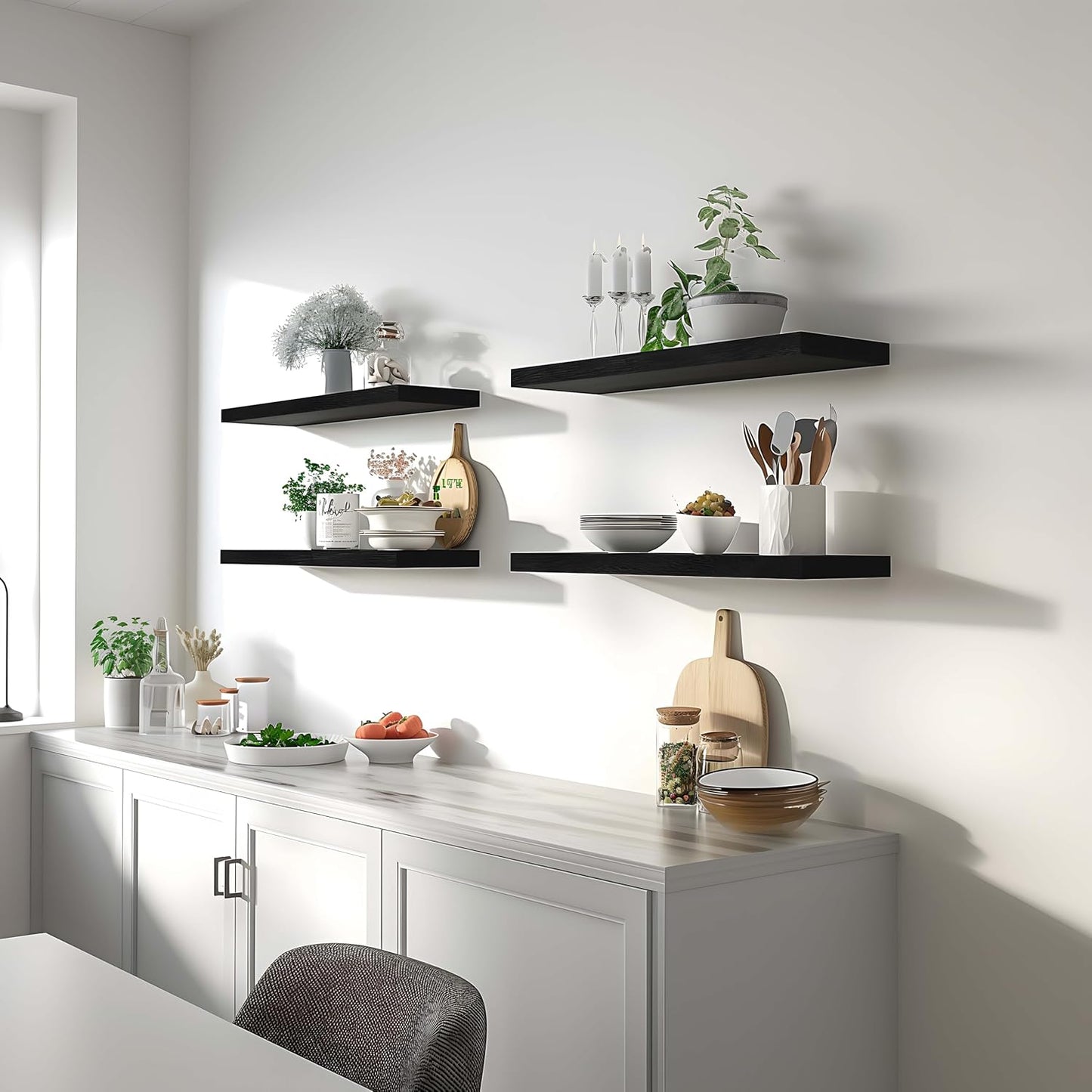 Black Wood Floating Shelves for Wall Rustic Wall Shelves for Bedroom Set of 6