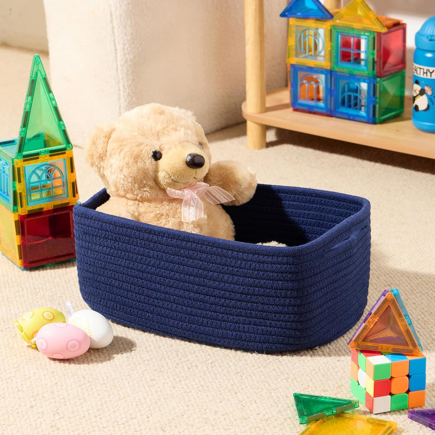 Small Storage Baskets for Organizing | Closet Organizer Bins | Shelf Toy Basket | Woven Rope Baskets | Cube Decorative Box | Shallow Basket | 13x8.5x5.1” | 3 Packs Navy Blue