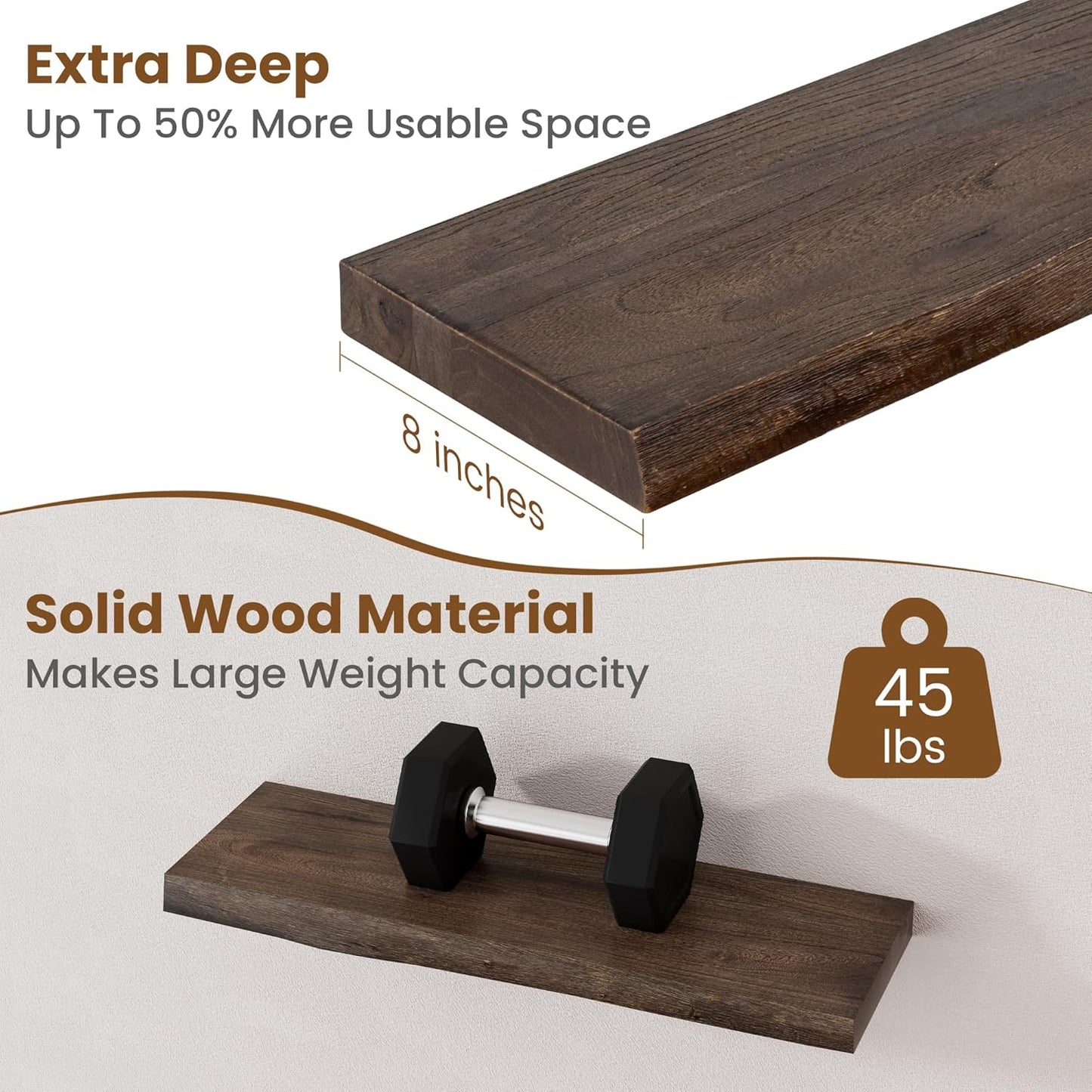 Floating Shelves for Wall Decor, Rustic Solid Elm Wood Floating Shelves Wall Mounted, Wall Shelves with Invisible Bracket for Living Room Bathroom Bedroom Kitchen, 24 Inch Set of 2, Walnut