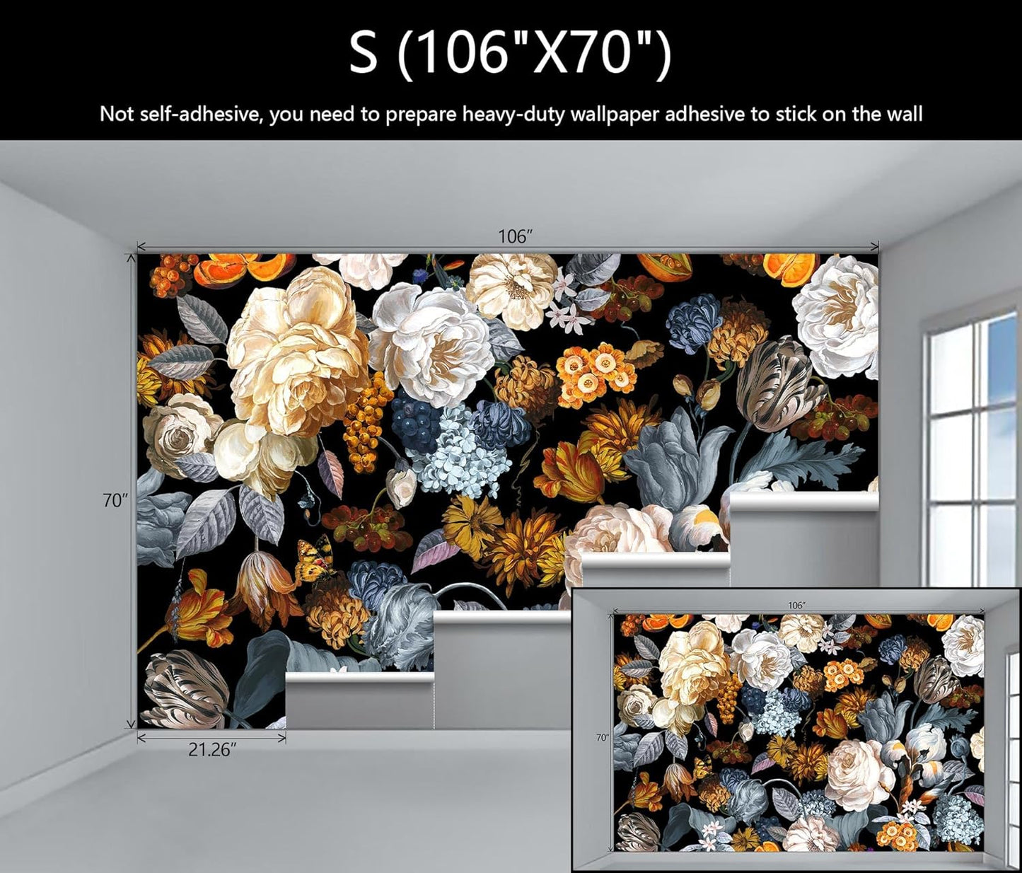 WFBHUA-Black and Gold Floral Wallpaper for Bedroom Vintage Blue Peony Flower Wall Mural (Not Peel and Stick)