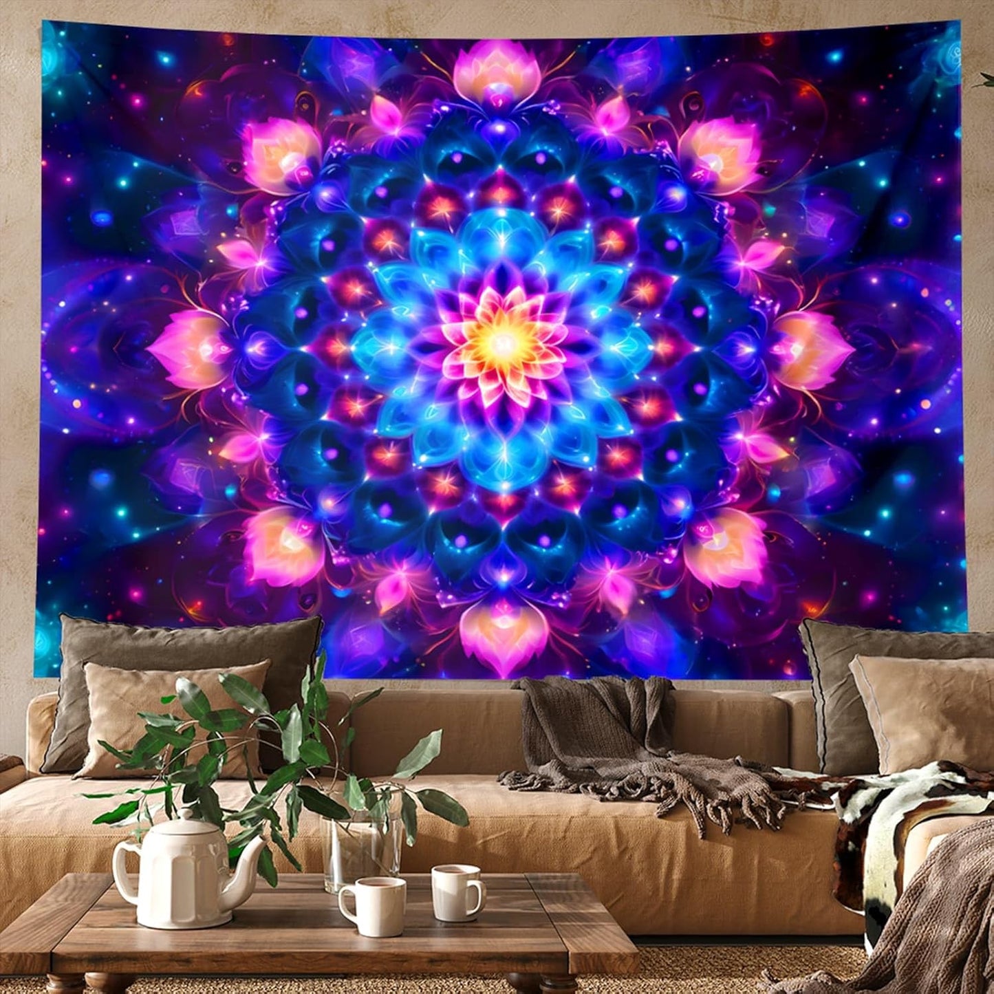 PSYHILAR Blacklight Mandala Tapestry for Bedroom, Psychedelic Black Light Posters for Adults and Teens, Colorful UV Reactive Aesthetic Bohemian Art Wall Hanging Decor (40 x 30 Inches)