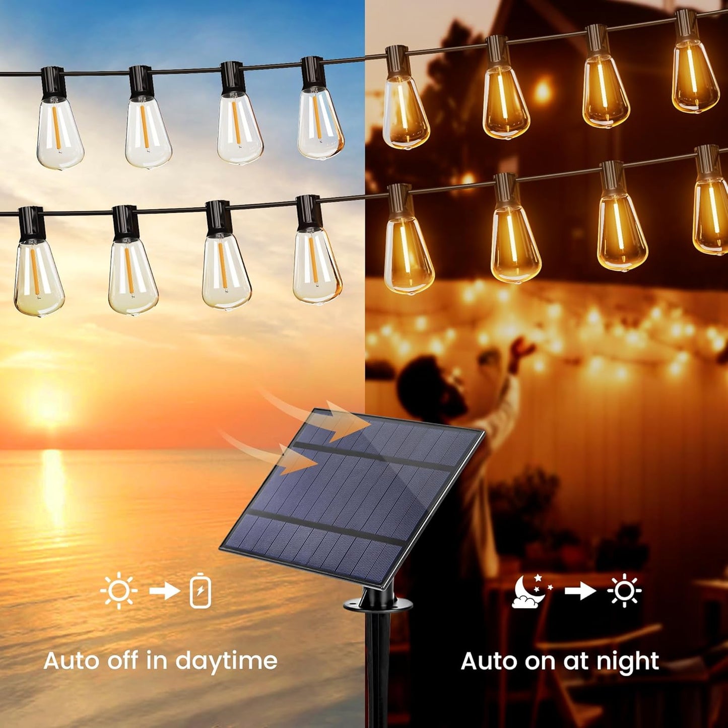 OHLUX 120FT Solar String Lights Outdoor with Remote, 2200K Soft Warm Patio Lights with 52 Shatterproof ST38 Tear-Drop LED Filament Bulbs, Dimmable Outside Edison Hanging Light for Backyard Deck Roof