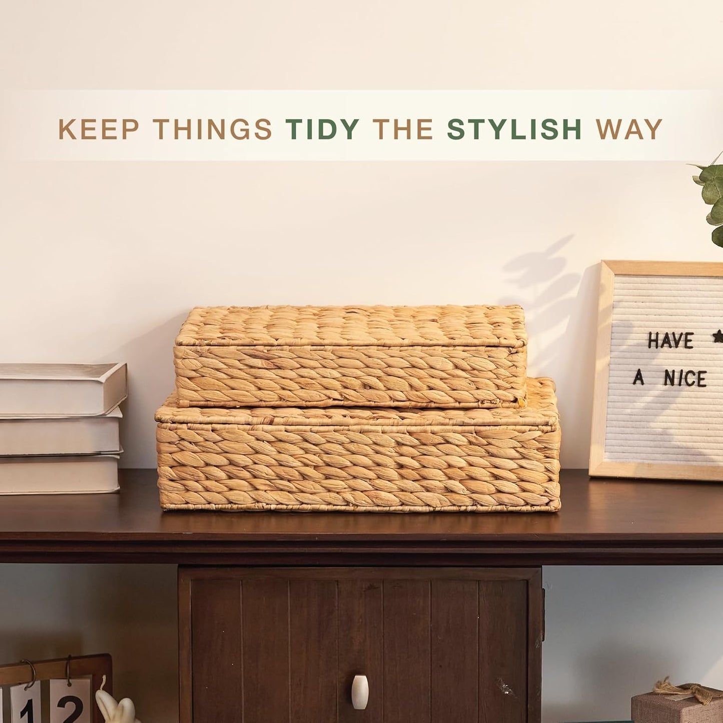 Set of 2 Wicker Baskets with Lid for Organizing - Decorative Storage Boxes With Lids for Home Decor, Shelves - Organic Modern Home Decor - Remote Box - Coffee Table Basket