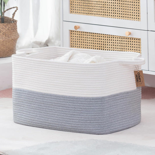 COMFY-HOMI Large Rectangle Laundry Storage Basket | Cotton Rope Woven, Organizing with Handle | Dirty Cloth & Baby Shower Basket | 22x15x12' - White/Grey