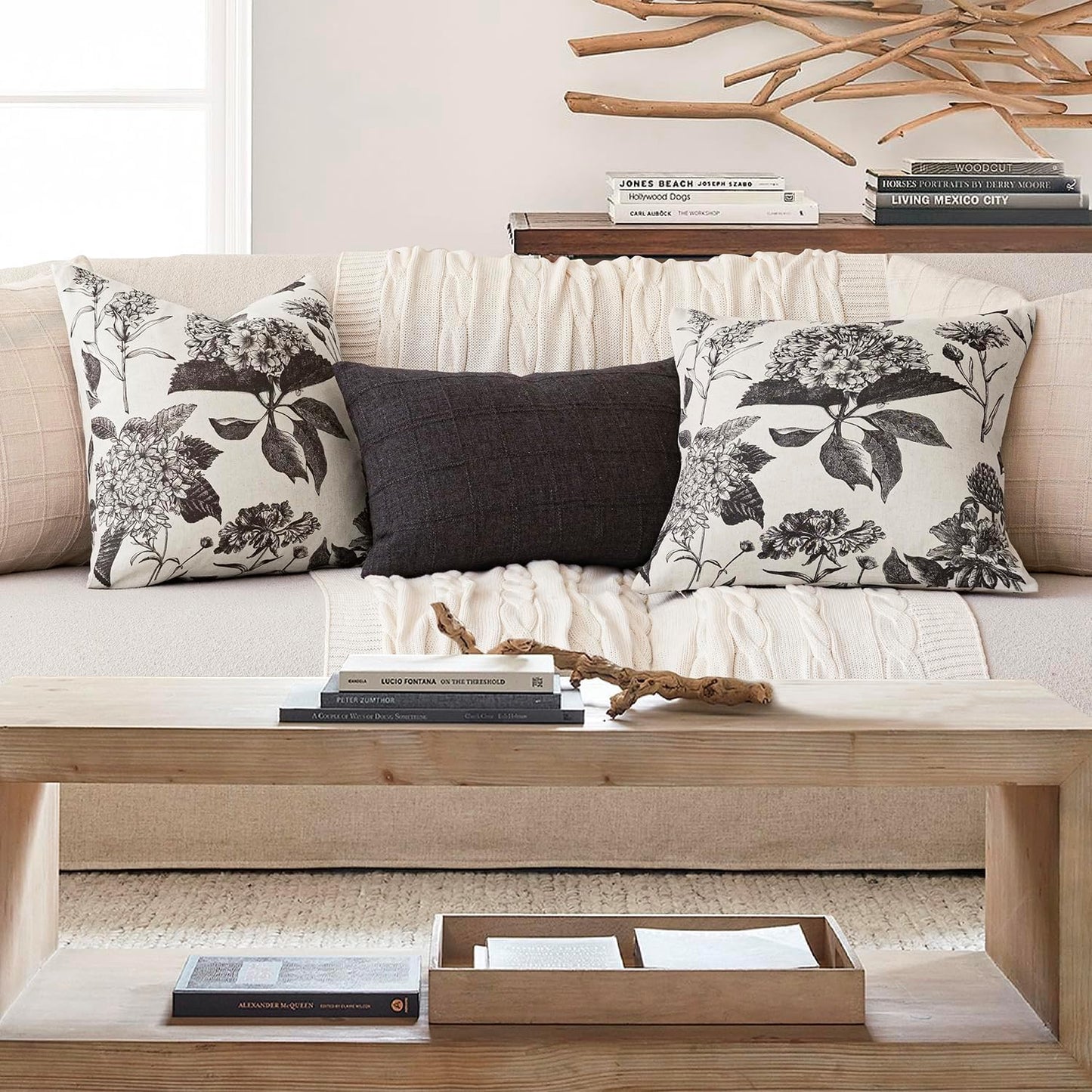Foindtower Set of 2 Linen Floral Vintage Throw Pillow Covers Neutral Accent Print Decorative Cushion Covers Farmhouse Boho Home Decor for Sofa Chair Couch Bedroom Living Room Outdoor,20×20 Inch,Black