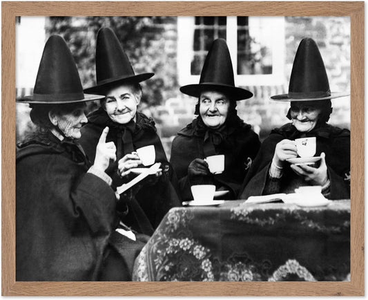 Poster Master Classic Photograph Poster - Vintage Halloween Print - Gift for Artist, Friend - Witches Tea Party, Old Women Smiling, Wearing Robes - Wall Decor for Living Room, 11x14 Beige Framed