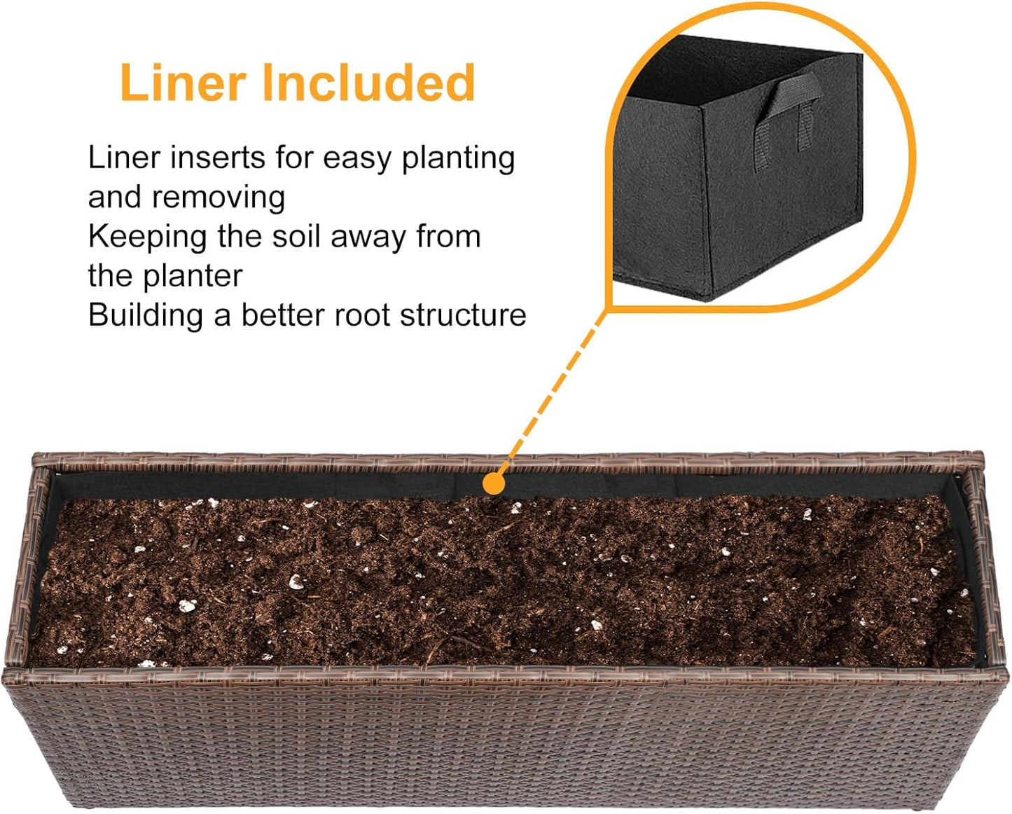 SUNNYPARK Set of 2 Large Rectangular Planter with Removable Liner, All-Weather PE Rattan Modern Planters Indoor Outdoor Flower Plant Pots Garden Box Patio Yard Front Porch Deck