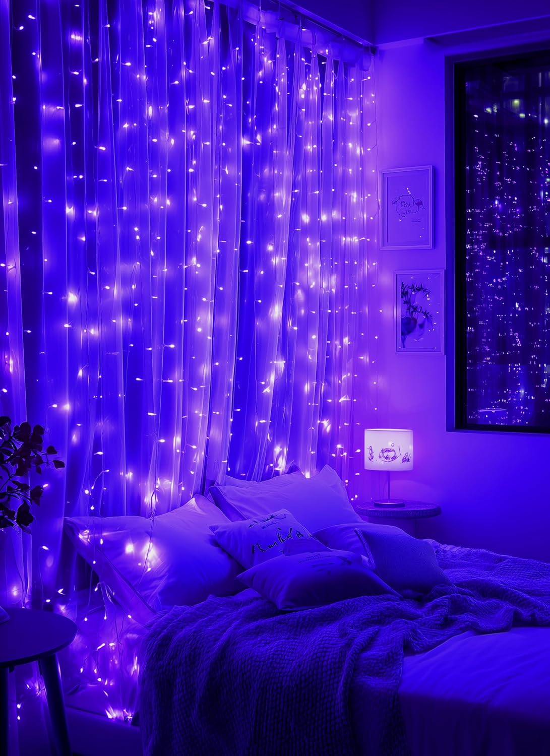 Brightown 300 LED Purple Fairy Curtain Lights, 9.8ft x 9.8ft Curtain String Lights, USB Plug in 8 Lighting Modes LED Christmas String Hanging Lights with Remote for Bedroom Indoor Outdoor Weddings