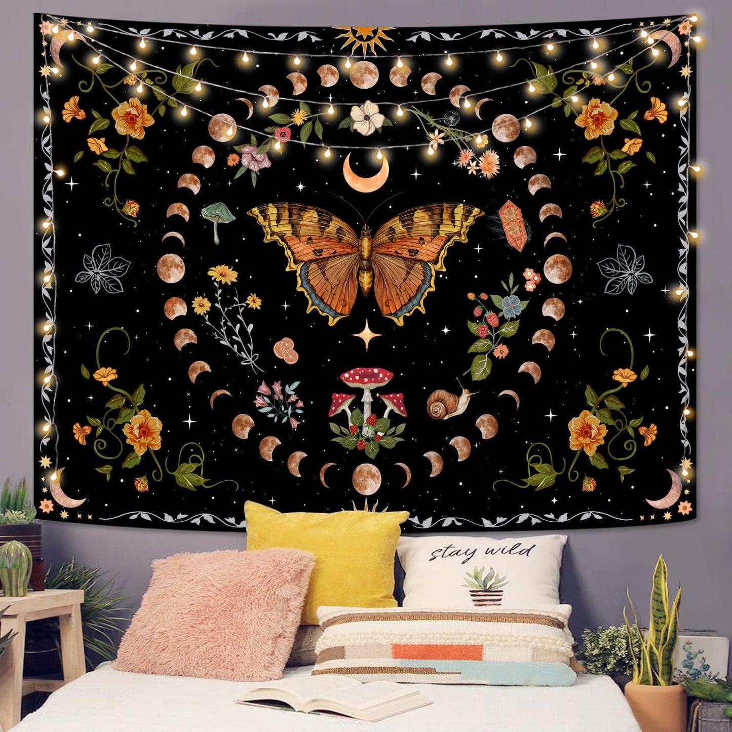 Aipon Orange Butterfly Moon Flower Tapestry Botanical Floral Plant Boho Tapestry for Bedroom Aesthetic Vintage Tapestries Wall Hanging for Living Room Dorm (60.00'' × 80.00'', Orange)