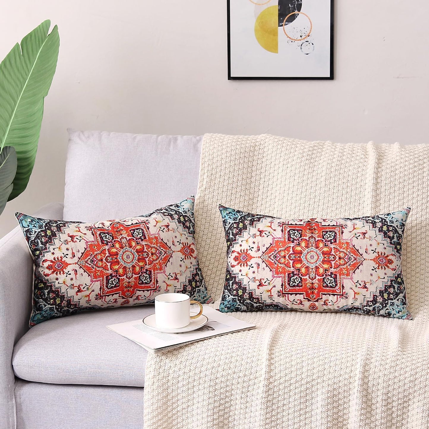 Outdoor Waterproof Pillow Covers - 12 x 20 Inch Set of 2, Orange Bohemian Vintage Carpet Pattern, Ethnic Design Decorative Farmhouse for Couch, Garden, Balcony